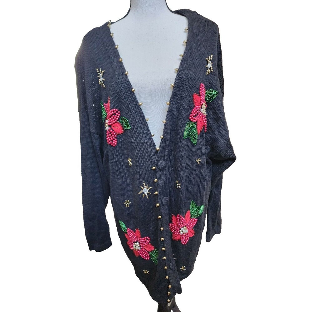 Victoria Jones Vintage Christmas Cardigan Size 2X Beaded